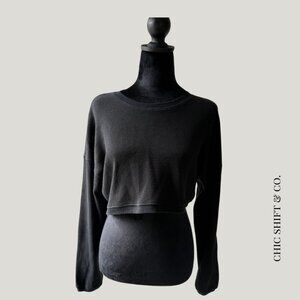 Aritzia Black Cropped Waffle Knit Long Sleeve Top